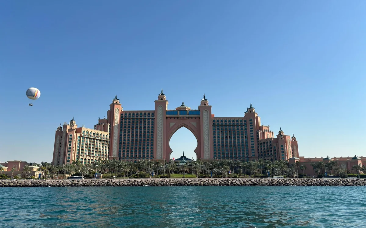 Ain Dubai and the low buildings of Bluewaters Island seen from the sea