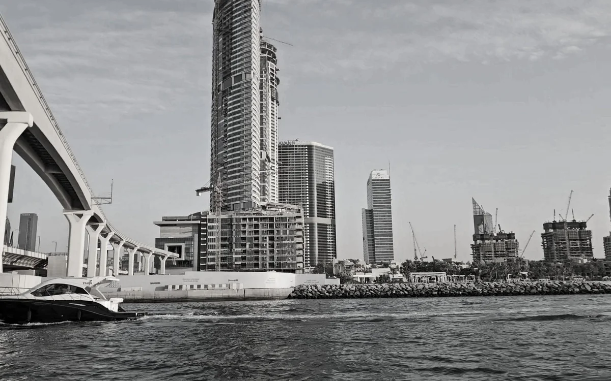 The sail-shaped Burj Al Arab hotel seen from the sea off Jumeirah Beach