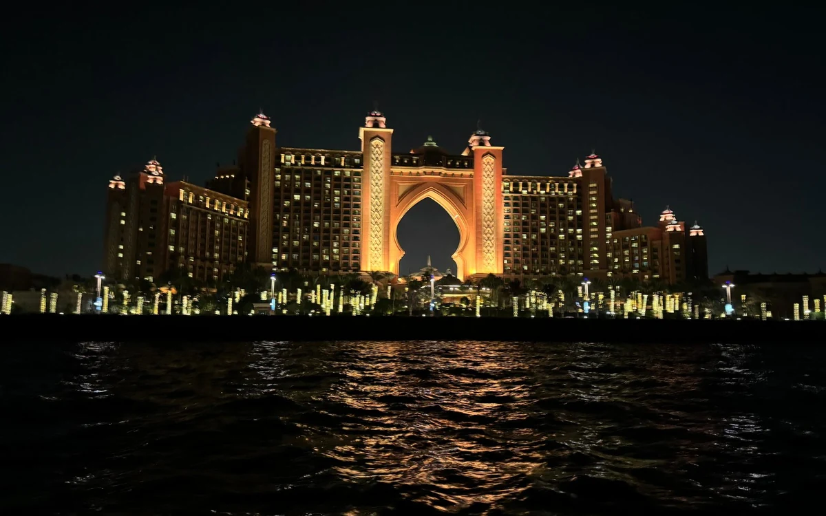 The crescent of Palm Jumeirah seen at sea level from a boat