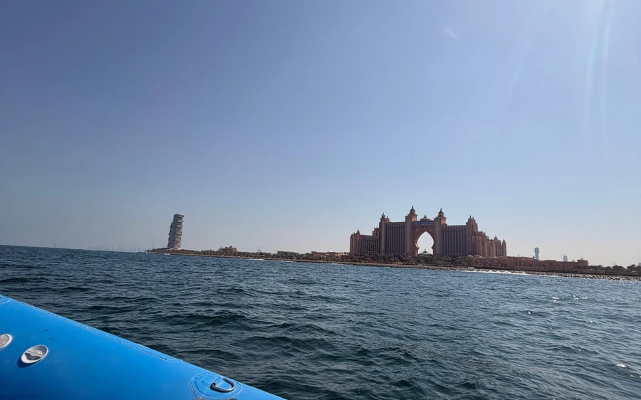 Atlantis The Palm seen from a speedboat on the water